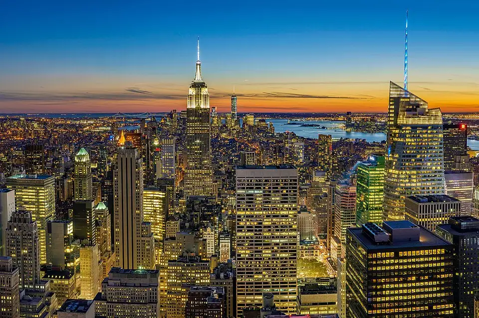 New York — Lights of Rockefeller Center during sunset
